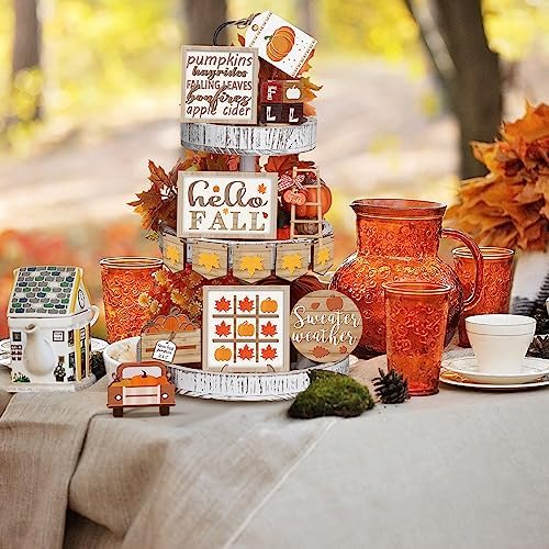 Fairysandy 14 Pcs Fall Tiered Tray Decor Set Maple Wooden Table Sign