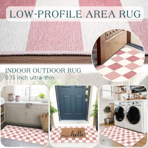 Front Door Mat Indoor Entrance, 2x4.3 Cute Pink White Checkered Rug