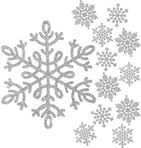 Whaline 40Pcs Silver Glitter Snowflake Winter Snowflake Ornaments Christmas Hanging Decorations with 197 Inches Silver Rope for Wedding Birthday Home Xmas Tree Window Door Accessories