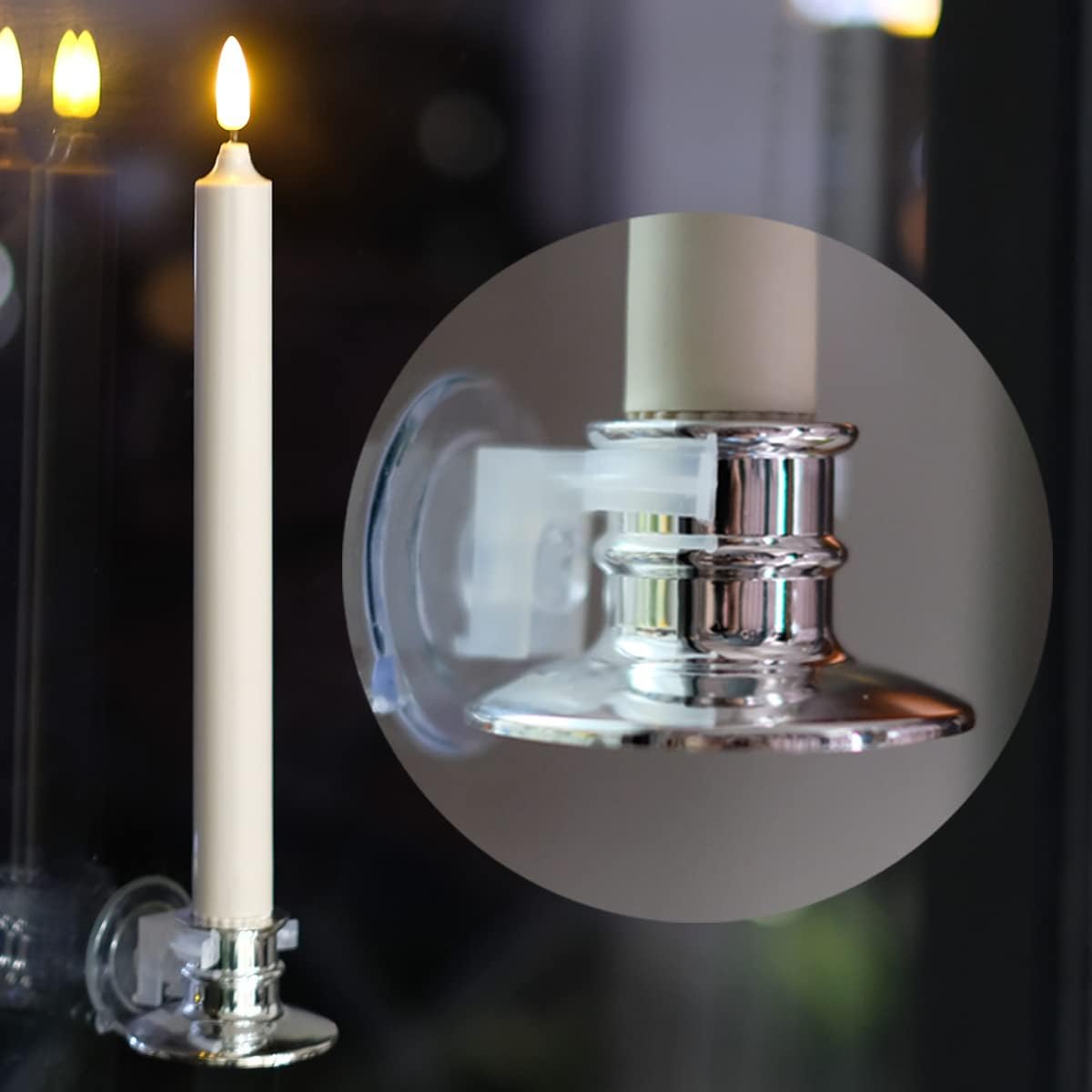 6 Pack LED Windows Candles with 12 AA Batteries(Include,Run More Than 400 Hours) + 6 Silver Removable Candlesticks + 6