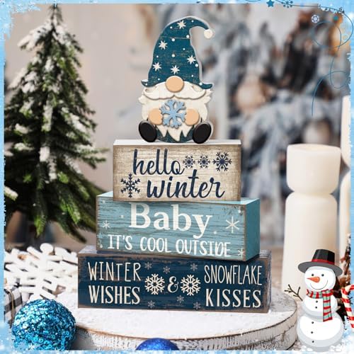 Moucuny 4 Pcs Winter Wood Block Signs Gnome Farmhouse Table Decoration