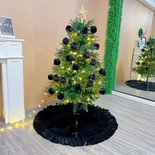 Velvet Christmas Tree Skirt Black 36 inch Ruffled Holiday Tree Skirt for Rustic Xmas Tree Decoration