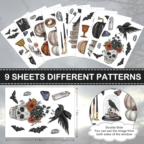 JarThenaAMCS 76Pcs Halloween Window Clings Gothic Skull Pumpkin Crow Window Sticker Double-Sided Decal for Glass Mirror Decor, 9 Sheet