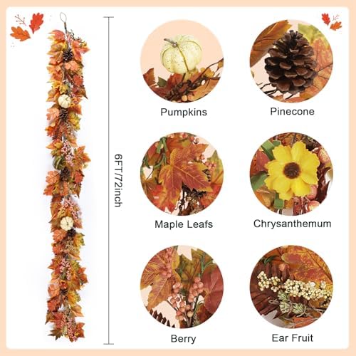 Artgar Fall Garland - 6 Ft Maple Leaf Pumpkin Berry Garland