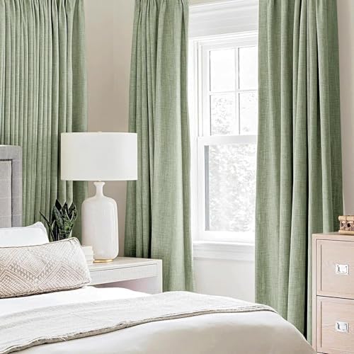 MIULEE Linen Texture Curtains for Bedroom Solid 100% Blackout Thermal Insulated Sage Green Curtains Grommet Room