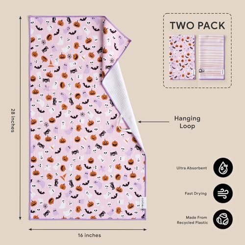 RECYCO Halloween Waffle Kitchen Towel Set of 2 - Quick Dry Microfiber Sustainable Dish Towels - Absorbent Reusable Cleaning Tea Towels - Lightweight Hand Towels,16”x 28”, Pink Boo