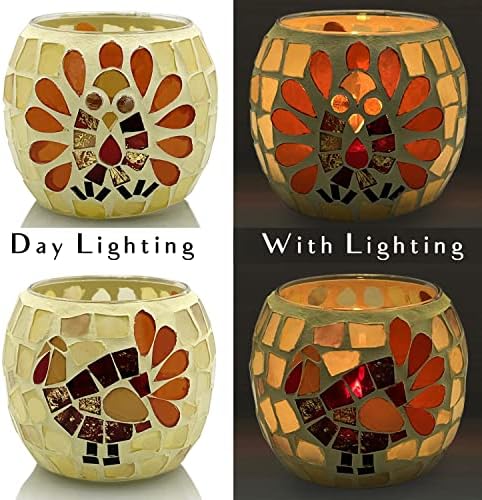 SHMILMH Thanksgiving Votive Candle Holder Set of 4, Mosaic Glass Tealight Holders with Turkey for Fall Table Centerpiece Fireplace Party Decorations