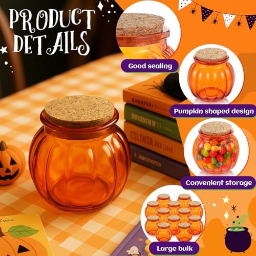 Vesici 24 Pcs Glass Pumpkin Candy Jars with Lid, Halloween Autumn, Orange