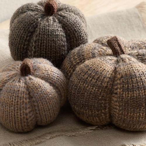 Set of 3 Cozy Mini Knit Pumpkins (Cobblestone Multi-Size Set)