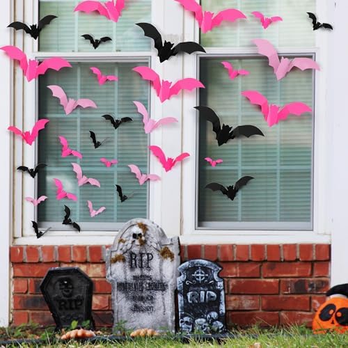 72 Pcs Bats Pink Halloween Decoration, 3D Bat Wall Decor Stickers