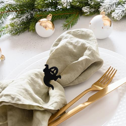 Spooky Napkin Rings, Halloween Napkin Rings Set of 6, Black Napkin Rings Stainless Steels Serviette Buckle Ring Halloween Napkin Holder for Party Dinner Holidays Decorations (Black, 6 pcs)