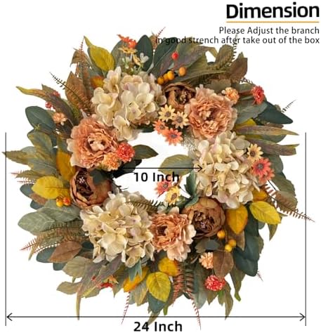 HipTree 24 Inch Fall Hydrangea Peony Wreath for Front Door