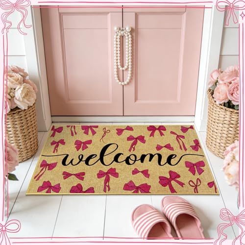 Pink Bow Doormat Welcome Entrance Bowknot Door Mat Outdoor Rug Front Door