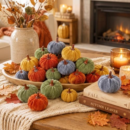 Weysat 24 Pcs Rustic Velvet Pumpkins Fall Thanksgiving Decor, Assorted Size