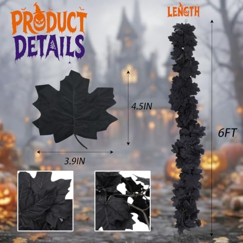 Mega-L Halloween Garland, 2 Pack Black Maple Leaf Garland Halloween Decor
