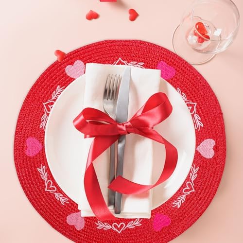 Whaline 4 Pcs Round Valentine's Day Red Pink Placemats Embroidered Place Mats Love Heart Table Mat Decorative Dinner Table Mats for Home Wedding Anniversary Party Decor