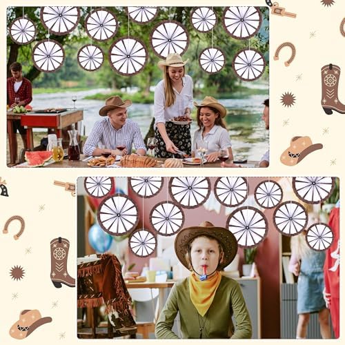BestoFun 12PCS Western Cowboy Party Decorations Set - Paper Fans, Wagon Wheels & Straw Hay Bales Hanging Ceiling Wall Decor for Ranch Birthday Baby Shower Theme