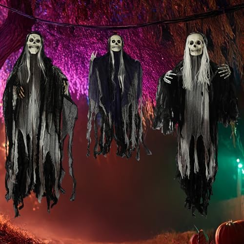 Hourleey 3 Pack Halloween Hanging Skeleton Ghosts Decorations Outdoor