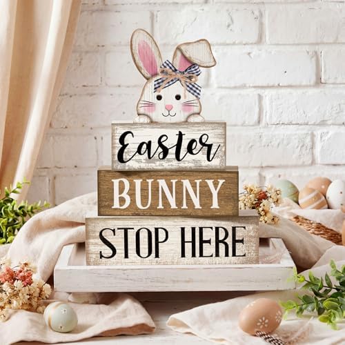 Moucuny 4 Pcs Easter Bunny Wood Signs Farmhouse Tiered Tray Table Decor