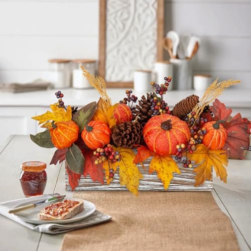 DILATATA Fall Decor Autumn Harvest Pumpkins Centerpiece - Artificial Maple Leaves, Berries and Pinecones Arrangement in Rectangle Wooden Box for Thanksgiving Party Mantel Fall Decor