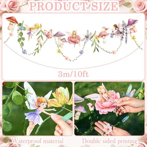 Fairy Mushroom Banner Wildflower Party Decorations Paper Flower Leaves Banner Fairy Garland for Wall Decoration Spring Baby Shower Wedding Backdrop Decorations