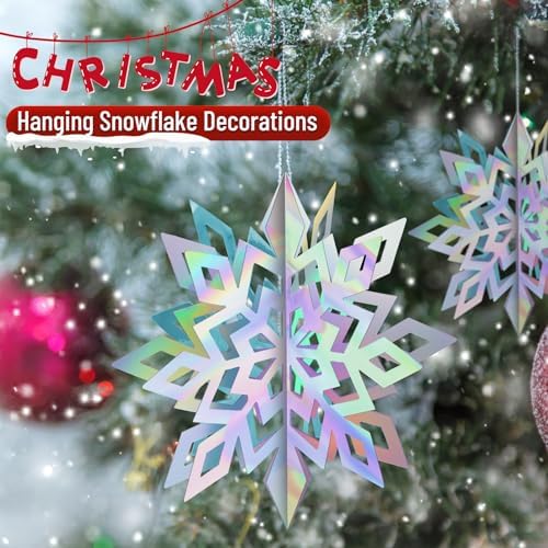 Crafare 18PCS Christmas Hanging Holographic Snowflake Ornamnets 3D Paper Snowflakes Garland Sparkly 3 Size for Winter Wonderland Holiday New Year Party Decoration