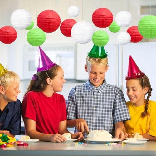 18Pcs Green Red White Paper Lanterns for Parties, 6” 8” 10” 12” Chinese Asian Hanging Round Paper Lanterns for Birthday Wedding Halloween Christmas Home Decor Party Decor