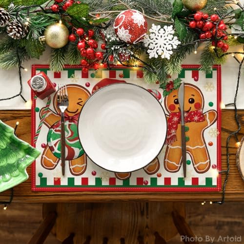 Artoid Mode Gingerbread Candy Cane Christmas Placemats Set of 8, 12x18 Inch Seasonal Table Mats for Party Kitchen Dining Decoration