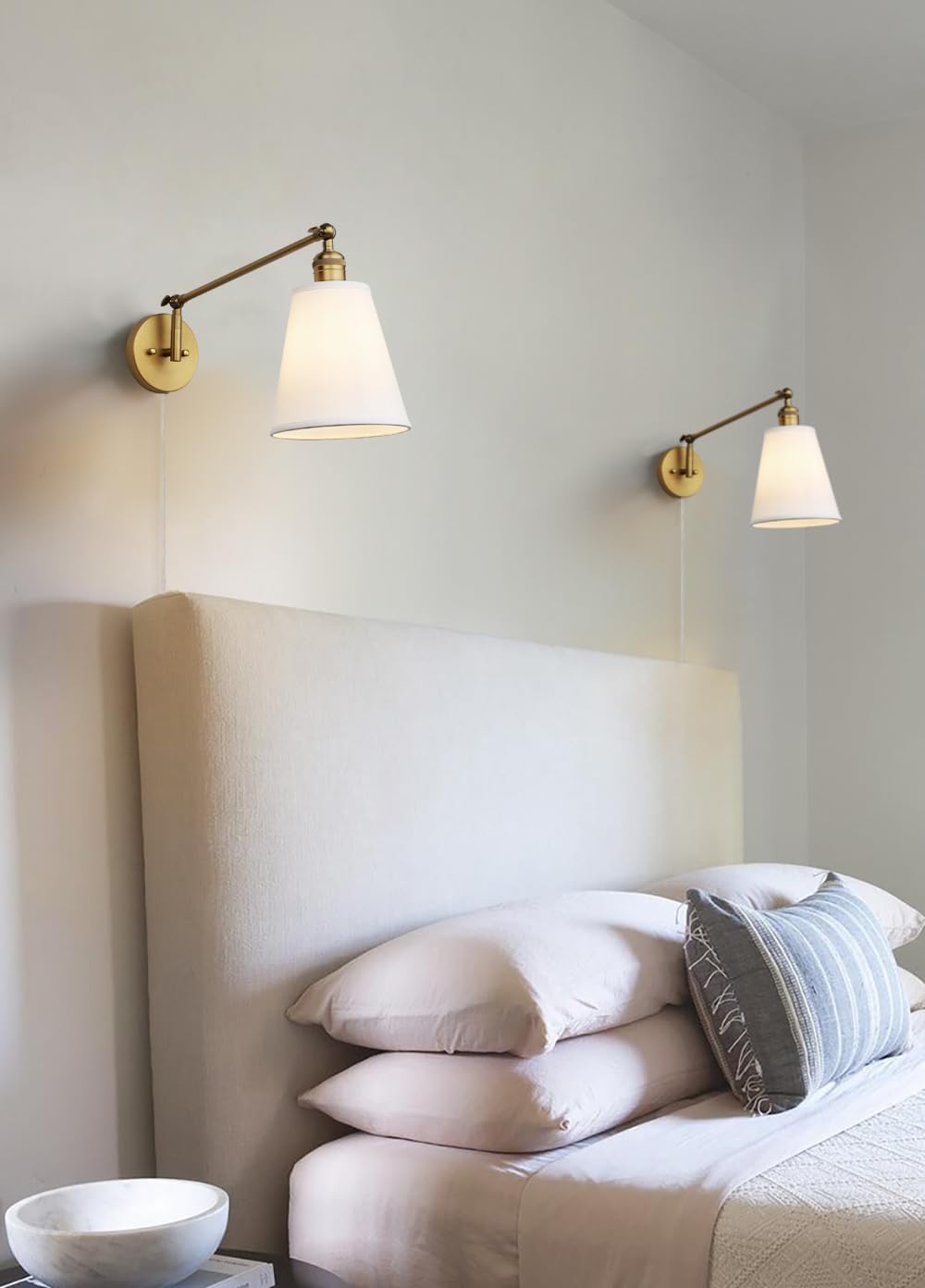 Retro Swing Arm Wall Sconce Plug in Wall Lamp Single Sconce Light Fixture with White Fabric Shade for Bedroom Living
