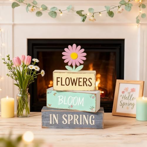 Spring Decoration Wooden Tiered Tray Decor – Daisy Flower Spring Stacked Block Sign – Farmhouse Tabletop Floral Spring Decor for Shelf Mantel Seasonal Home Display