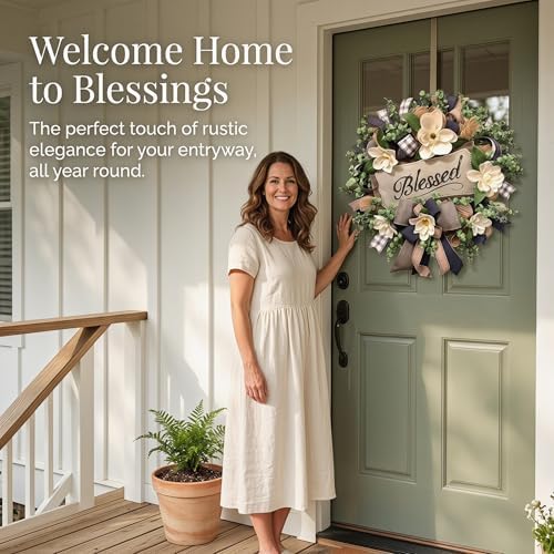 Spring Summer Wreath for Front Door,Farmhouse White Floral Porch Decor