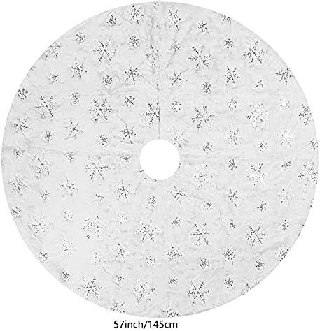 Christmas Tree Skirt 58 inches White Faux Fur Silver Snowflake Sequin Embroidered Luxury Tree Skirt Xmas Decoration