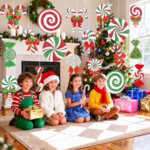 18Pcs Candy Christmas Decorations Outdoor Large Hanging Candy Cane Paper Ornaments Merry Xmas Peppermint Signs Decor Double Sided Printing for Outside Yard Tree Indoor Home Office Winter Holiday Party