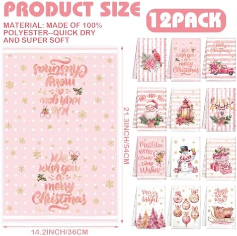 VitalCozy 12 Pcs Pink White Christmas Kitchen Towels, 14.2 x 21.3 in