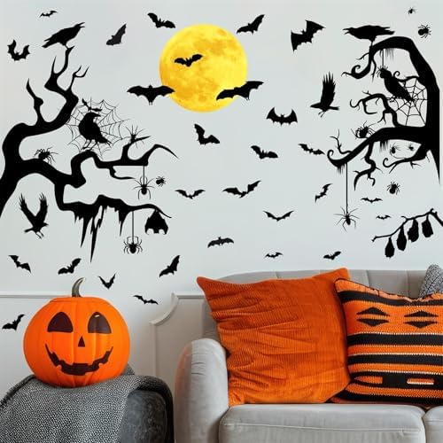 Moon Bat Wall Decals Halloween Crow Tree Branch Wall Stickers Window Clings