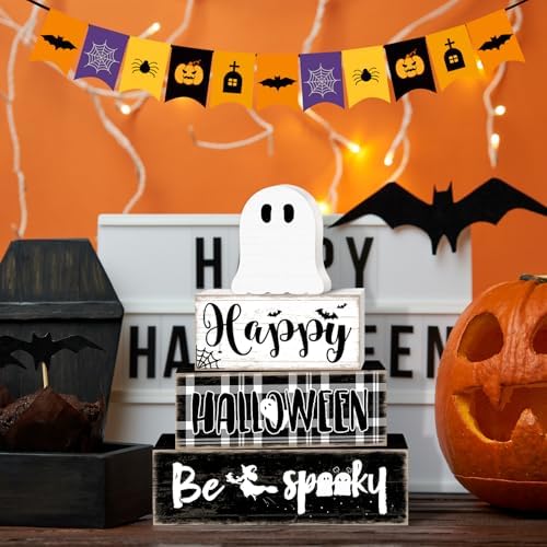 Britimes Halloween Ghost Tiered Tray Decor Set, 4 Pack, Wooden Table Sign