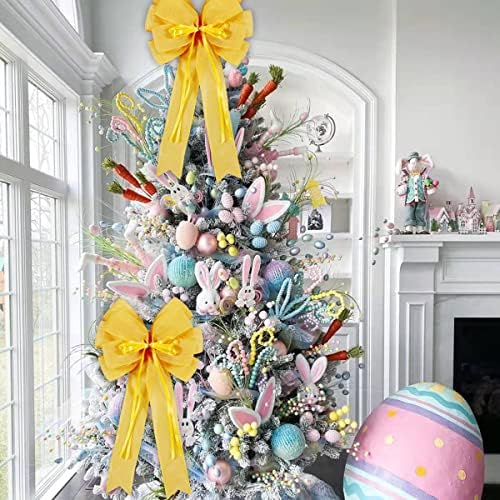 Hongsome 2 Pcs Large Yellow Easter Wreath Bow Decor, Classic Glitter String & Burlap Ribbon, Spring/Summer/Autumn/Winter Tree Topper Bows