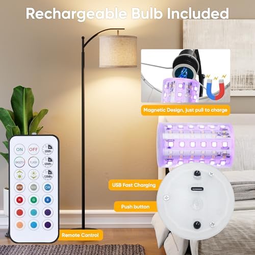 Battery Operated Floor Lamp, RGB Dimmable Cordless Standing Lamp with Remote Control for Living Room, Tall Floor Lamp
