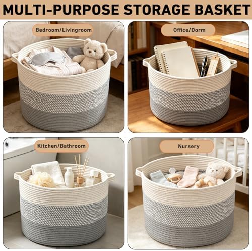 90L Extra Large Blanket Basket,Woven Rope Laundry Basket-Grey