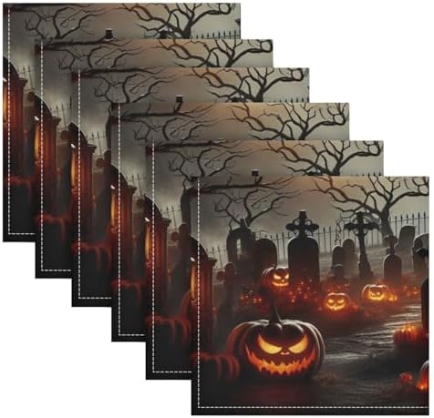 Halloween Witch Cemetery Cloth Napkins 20x20 Inch, 6 Pack Washable Dinner Napkins Reusable Napkins for Banquets, Weddings, Holiday, Party and Daily Use