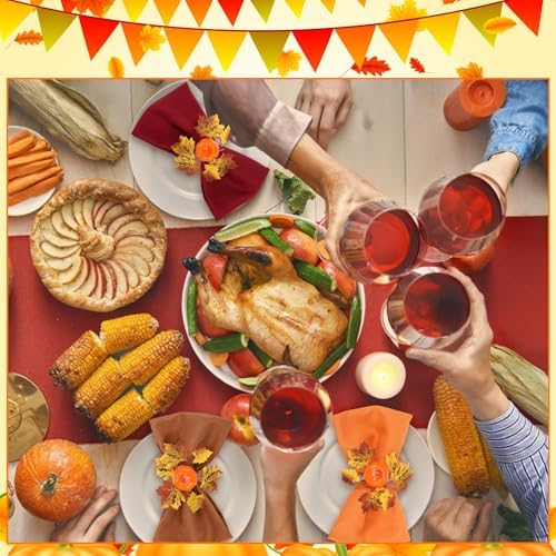 LemonRoad 36 Pcs Fall Cloth Napkins and Napkin Ring Holders, Autumn Reusable Fabric with Wooden Maple Leaf Pumpkin Napkin Rings for Thanksgiving Table Decor Fall Banquet Holiday Dinner Party Supply