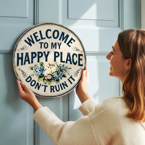 Welcome To My Happy Place Wooden Hanging Sign for House Front Door, Rustic Welcome Sign for Porch Garden Patio Farmhouse