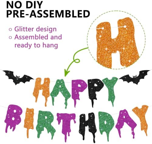 Glitter Happy Birthday Halloween Banner - NO DIY - Halloween Hanging Paper Garland Bunting Banner Decorations, Party Supplies for Kids Boy Girl Birthday Orange Green Purple