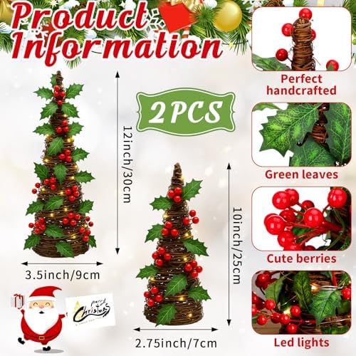 Qinyoung 2 Pcs Lighted Christmas Cone Tree Rattan Table Decoration 12'' 10'' Xmas Artificial Rattan Red Berries Green Leaves Table Centerpiece Cone Tree 2 Various Sizes for Winter Party Village Decor