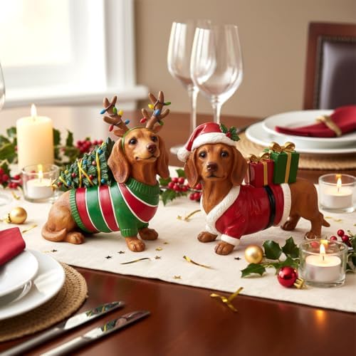 Simgoing 2 Pcs Christmas Figurines Table Decoration Dachshund Resin Statue