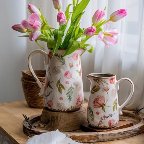 Retro Rustic Large Ceramic Vase / Floral and Fruit / Large Pitcher