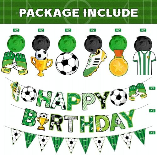 Soccer Party Decorations, 14Pcs Soccer Birthday Party Supplies Include Soccers Happy Birthday Banner Paper Garland Hanging Swirl for Boys Sports Birthdays Decor