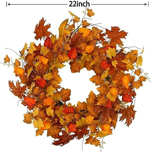 22 inch Artificial Fall Wreath Maple Leaf Wreath for Front Door Home Decor