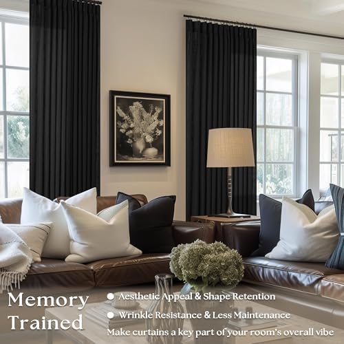TWODRAPES Black Pinch Pleated Linen Semi Sheer 80 Inch Curtains 2 Panels