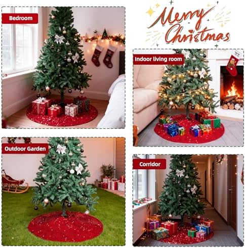 Christmas Tree Skirt 48 Inch, Red Sequin Christmas Trees Skirt, Large Sparkle Xmas Tree Stand Base Used for Christmas Holiday Indoor Home Decoration